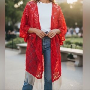 NEW•L•Rare Red Lace Monroe Kimono & Cream Fringe